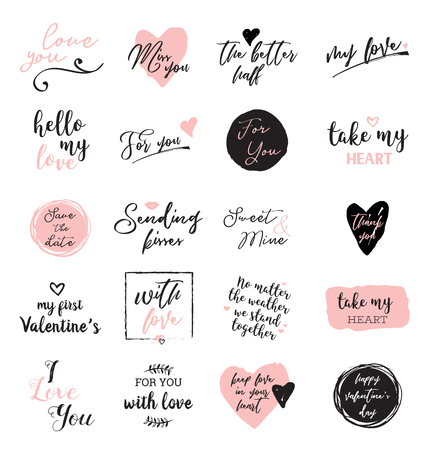 set of black, white and pink love lettering, for valentines day design poster, greeting card, photo album, banner, calligraphy vector illustration collectionのイラスト素材