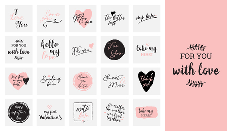 set of black, white and pink love lettering, for valentines day design poster, greeting card, photo album, banner, calligraphy vector illustration collectionのイラスト素材