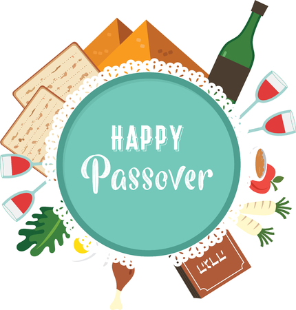 Passover seder plate with flat traditional icons. greeting card design template. abstract vector illustrationのイラスト素材