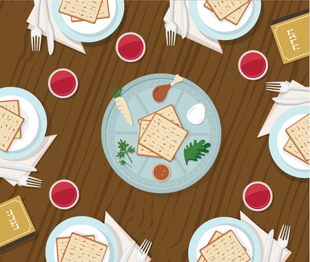 traditional passover table with passover plate and Haggadah bookのイラスト素材