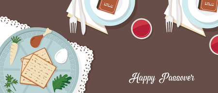 Traditional passover table for Passover dinner with passover plate. vector illustration template banner designのイラスト素材