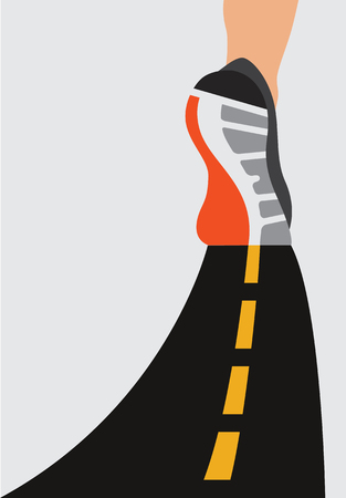 Athlete runner feet running on road closeup on shoe. woman fitness sunrise jog workout wellness concept. Vector illustration.のイラスト素材