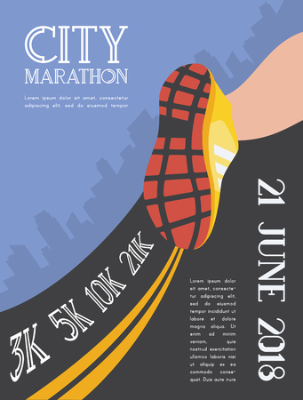 city running marathon. athlete runner feet running on road closeup on shoe in skyscraper city landscape background. Vector illustration.のイラスト素材