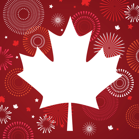 Maple leaf with firework poster for celebrate the national day of Canada. Happy Canada Day card. Canada flag, fireworks, red maple leaf.のイラスト素材