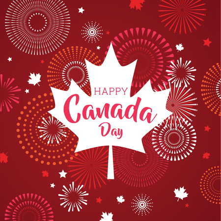 Maple leaf with firework poster for celebrate the national day of Canada. Happy Canada Day card. Canada flag, fireworks, red maple leaf.のイラスト素材