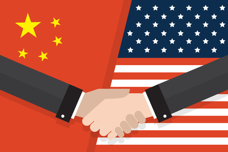 Two businesspeople handshake after good deal in front of an American and Chinese flag. two flags face to face, symbol for the relationship between the two countries.のイラスト素材