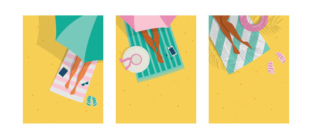 Top view of a summer background. Summer water activities. Women relaxing at the beach. Vector cards,...