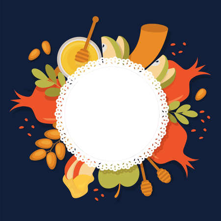 symbols of Jewish holiday Rosh Hashana , New Year. vector template with place for your textのイラスト素材