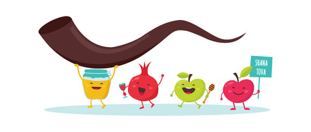 Rosh Hashanah Jewish holiday banner design with honey jar, apple and pomegranate funny cartoon characters holding shofar , Jewish horn. Vector illustration designのイラスト素材
