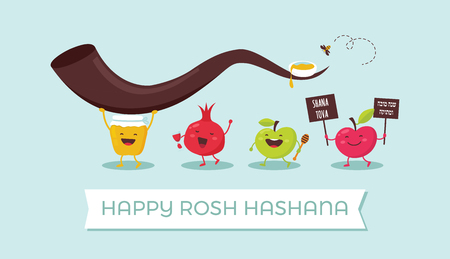 Rosh Hashanah Jewish holiday banner design with honey jar, apple and pomegranate funny cartoon characters holding shofar , Jewish horn. Vector illustration designのイラスト素材