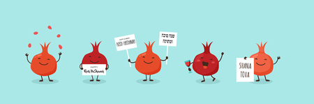Pomegranate, symbols of Jewish holiday Rosh Hashana, New Year. Rosh Hashanah Jewish holiday banner design with funny cartoon characters. Vector illustration greeting card and bannerの写真素材