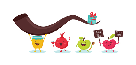 Rosh Hashanah Jewish holiday banner design with honey jar, apple and pomegranate funny cartoon characters holding shofar , Jewish horn. Vector illustration designのイラスト素材