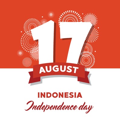 17 August. Indonesia Happy Independence Day greeting card and poster. fireworks on indoonesian flag backgroundのイラスト素材