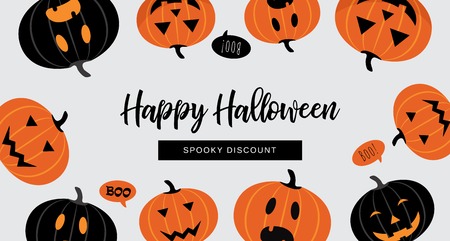 Halloween Sale banner. Website spooky header or banner with Halloween pumpkins. Great for banner, voucher, offer, coupon, holiday sale. Vector illustrationのイラスト素材