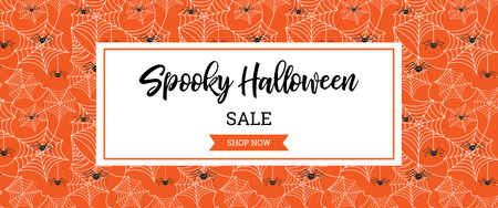 Halloween Sale vector banner with lettering and detailed engraving background. Pumpkin, witch hat, skull, cat hand drawn elements. Great for voucher, offer, coupon, holiday sale. vector illustrationのイラスト素材
