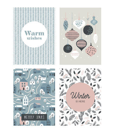 Christmas poster and greeting cards in retro style. Christmas balls in pastel colors, winter landscape and cosy houses.の写真素材