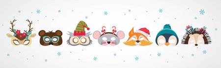 Collection of winter animal masks and Christmas photo booth props for kids. Cute cartoon masks and elements for a party. Christmas party banner template.のイラスト素材