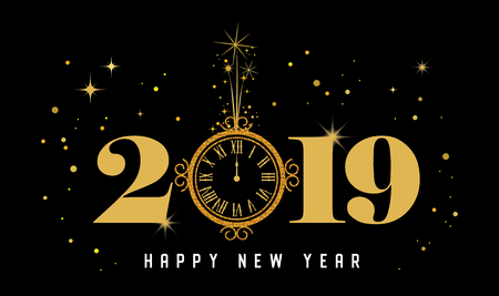 Happy New Year 2019 - New Year Shining background with gold clock and glitter. vector illustrationのイラスト素材