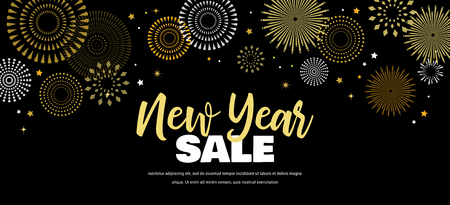 Sale banner background for New Year shopping sale. New year sale on sky full of gold fireworks. Design with for web online store or shop promo offerのイラスト素材