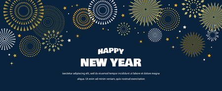 Happy New Year Background with golden fireworks. Gold and black card and banner, festive invitation, calendar poster or promo banner. vector illustrationのイラスト素材