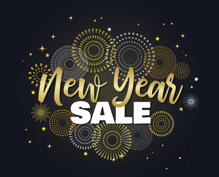 Sale banner background for New Year shopping sale. New year sale on sky full of gold fireworks. Design with for web online store or shop promo offerのイラスト素材