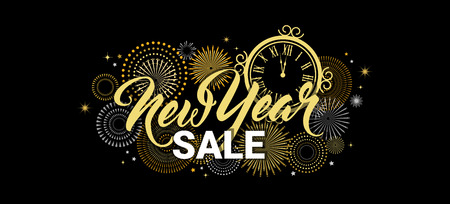 Happy New Year sale banner. illustration with Fireworks black Background. Vector Holiday Design for Premium Greeting Card, Party Invitation, web online store or shop promo offerのイラスト素材