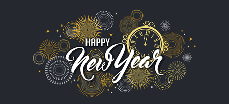 Happy New Year Background with golden fireworks. Gold and black card and banner, festive invitation, calendar poster or promo banner. vector illustrationのイラスト素材