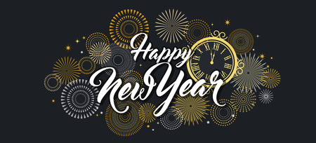 Happy New Year Background with golden fireworks. Gold and black card and banner, festive invitation, calendar poster or promo banner. vector illustrationのイラスト素材