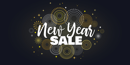 Sale banner background for New Year shopping sale. New year sale on sky full of gold fireworks. Design with for web online store or shop promo offerのイラスト素材