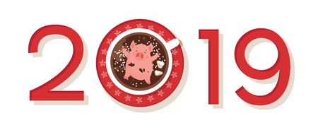 Funny Happy New Year of 2019 greeting card , year of a pig. Cute piglet chilling in a cup of winter drink. Excellent for the design of postcard, poster, sticker and banner.のイラスト素材