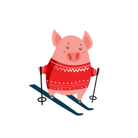 Funny cartoon piglet on skis isolated on white. Excellent for postcard, poster, festive advertising, stickers and so on. vector illustrationのイラスト素材