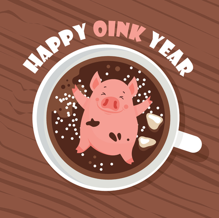 Cute and funny Happy New Year of 2019 greeting card , year of a pig. Cute pigglet chilling in a cup of winer drink. Excellent for the design of postcard, poster, sticker, banner and so on.のイラスト素材