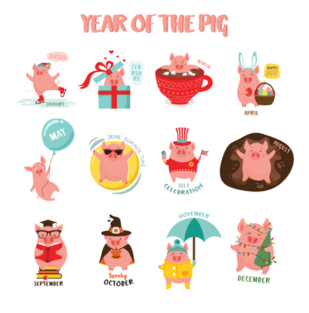 Monthly creative calendar 2019 with cute pig. Symbol of the year in the Chinese calendar. Cartoon. Isolated. Vectorのイラスト素材
