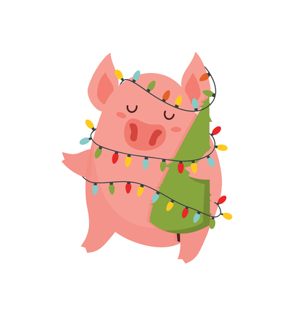 Postcard with funny pig holding Christmas tree and Christmas lights. Chinese year of the pig. Colorful vector illustration - Vector illustrationのイラスト素材