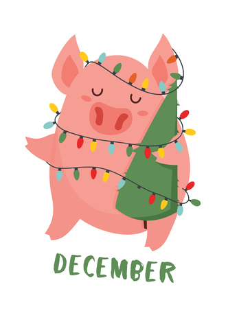 Postcard with funny pig holding Christmas tree and Christmas lights. Chinese year of the pig. Colorful vector illustration - Vector illustrationのイラスト素材
