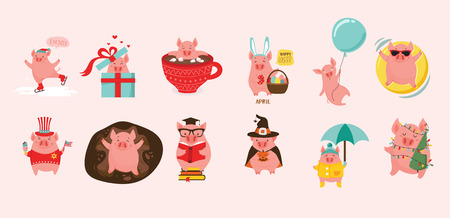 12 cute cartoon pigs representing 12 month of the year. Can be used for creative calendar for 2019 . Symbol of the year in the Chinese calendar. Vectorのイラスト素材