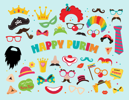 Design for Jewish holiday Purim with masks and traditional props. Vector illustration - Vector illustration- Vetor illustrationsのイラスト素材