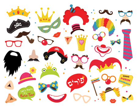 Design for Jewish holiday Purim with masks and traditional props. Vector illustration - Vector illustration- Vetor illustrationsのイラスト素材
