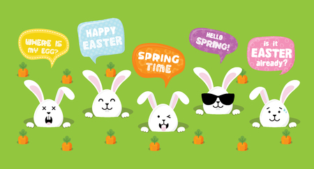 Easter Bunnies with greeting speech bubbles- Vector illustrationのイラスト素材