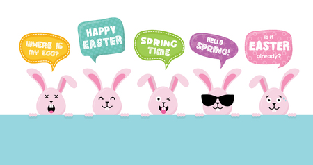 Easter Bunnies with greeting speech bubbles- Vector illustrationのイラスト素材