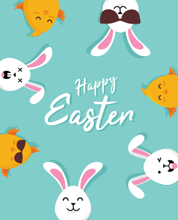 Cute Easter bunnies happy Easter sign- Vector illustrationのイラスト素材