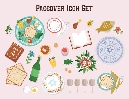 Passover icon set with Seder plate Hagadah and wine-Vectorのイラスト素材