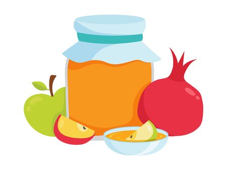 Rosh Hashanah Symbols, honey, apple and pomegranate. Vectorのイラスト素材