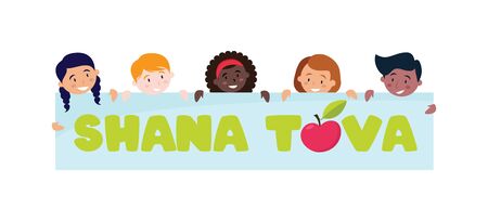 Shana Tova Banner with happy smiling kids. Vectorのイラスト素材