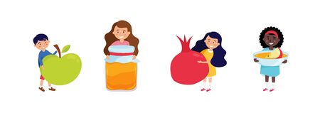rosh hashan banner with kids holding rosh hashana elements. Vectorのイラスト素材