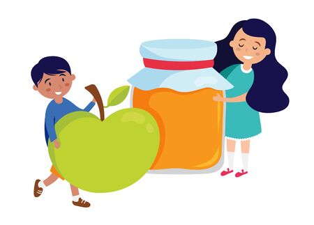 Kids holding honey jar and apple, Rosh Hashanah symbols. Vectorのイラスト素材