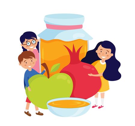Kids holding honey jar apple and pomegranate, Rosh Hashanah symbols. Vectorのイラスト素材