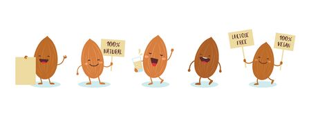 Almonds characters holding signs saying Vegan friendly, 100 percent natural, lactosw free. Vector illustrationのイラスト素材