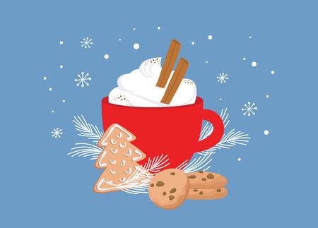 Christmas greeting card, winter invitation with red cup of hot drink. Cocoa or coffee decorated with cinnamone sticks, gingerbread cookie and fir tree branches. illustration backgroundのイラスト素材