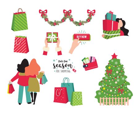 shopping set for christmas shopping season and black friday. Winter set for Christmas or New Year designs.のイラスト素材